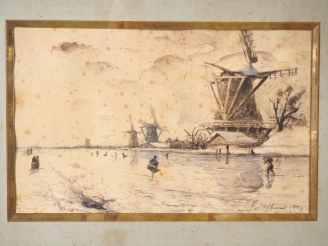 Vente aux enchères Johan-Barthold JONGKIND. "Patineurs en Hollande". Aquarelle, signée en