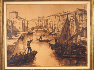 Vente aux enchères André MAIRE. "Gondoles à Venise". Lavis sur papier signé et daté en ba