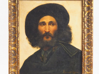 Vente aux enchères MIGNONAT-CAGNIN. "Portrait d'homme au chapeau". Huile sur toile, signé