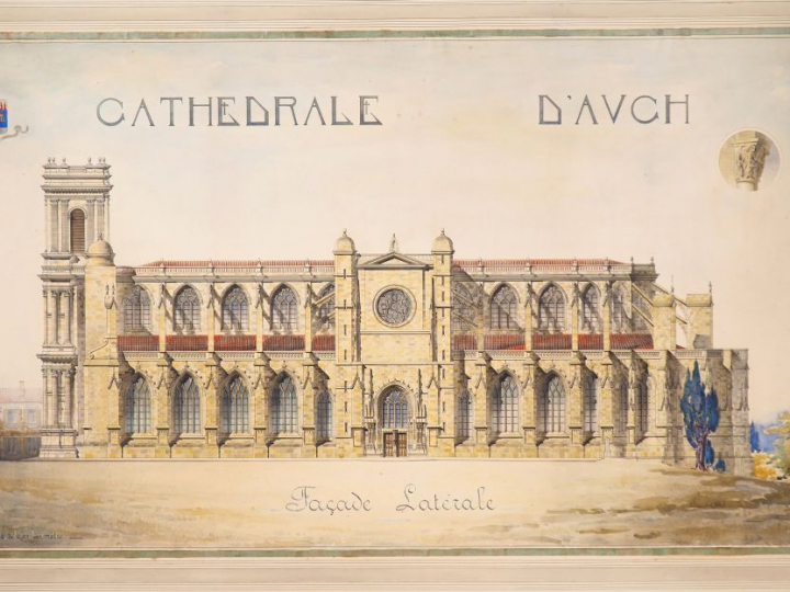 Jean MONTARIOL. "La Cathédrale d'Auch, façade latérale". Aquarelle, si