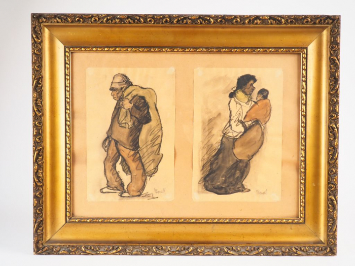 Isodro NONELL. "Jeune mère et son enfant" et "personnage au baluchon".