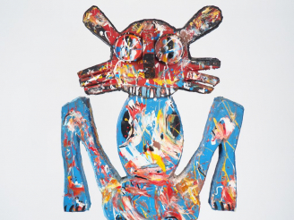 Vente aux enchères Saïd OUARZAZ. "Totem". Sculpture en bois polychrome, signée. Dim. 94 x