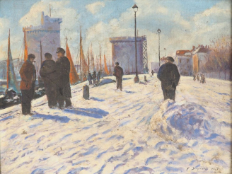Vente aux enchères F. SERPINSKY. "Vue du port de la Rochelle". Huile sur isorel, signée e