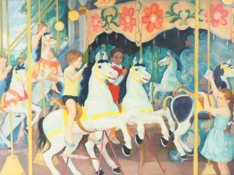 Vente aux enchères André VIGNOLES. "Les chevaux de bois" Grande huile sur toile, signée a