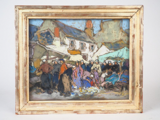 Vente aux enchères Ecole bretonne Xxème. "Le marché". Pastel signé en bas à droite. Dim. 