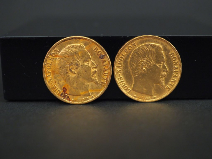 	Deux pièces de 20 francs or, 1852-A.  FRAIS ACHETEURS 5% TTC.