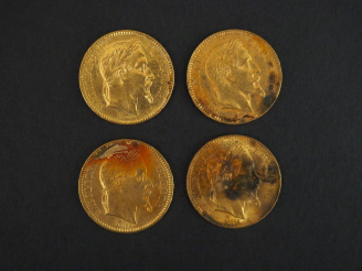Vente aux enchères 	Quatre pièces de 20 francs or, 1865-A (x2) et 1865-BB (x2). FRAIS ACH
