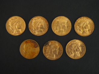 Vente aux enchères Sept pièces de 20 francs or, 1908. FRAIS ACHETEURS 5% TTC.
