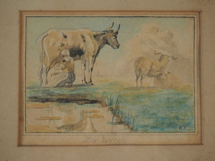 Ecole hollandaise  XIXème. 'La traite'. Aquarelle monogrammée en bas à