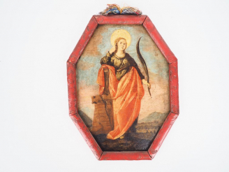 Vente aux enchères Ecole française XIXème. "Portrait de Sainte Barbe".  Huile sur panneau