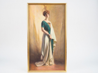 Vente aux enchères SCHOEN. "Portrait d'élégante en pied". Huile sur toile, signée en bas 