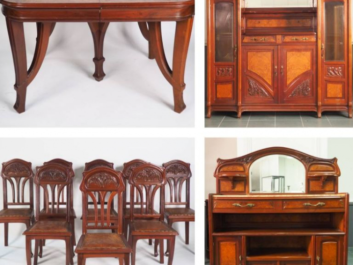 Mobilier de salle à manger Art Nouveau en acajou et loupe de Thuya à d