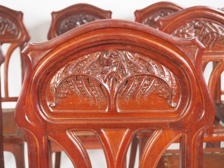 Mobilier de salle à manger Art Nouveau en acajou et loupe de Thuya à d