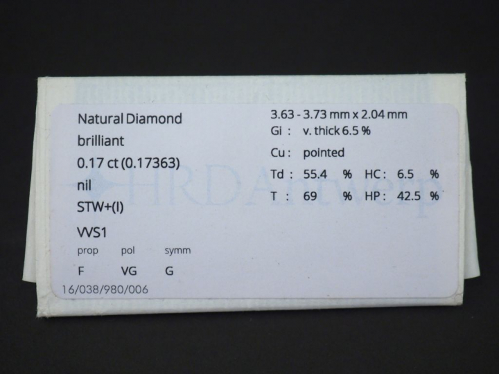 Diamant sur papier de 0,17 ct - I-VVS1.  Avec son certificat.