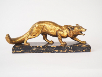 Vente aux enchères CH. ALVISAN. "Renard". Sculpture en bronze doré. Signée sur la terrass