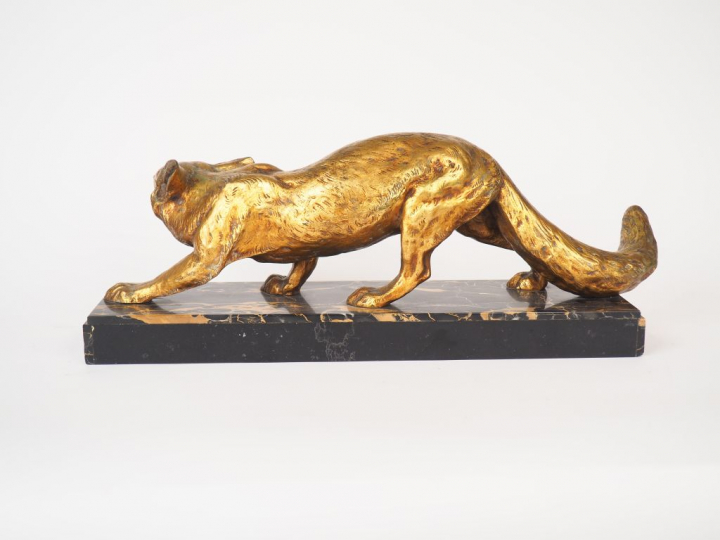 CH. ALVISAN. "Renard". Sculpture en bronze doré. Signée sur la terrass