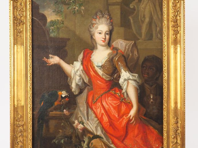 Ecole française XVIIIème. "Portrait de jeune femme au perroquet, au pa