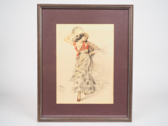 Vente aux enchères Yves DIEY. "Danseuse gitane". Dessin aquarellé signé en bas à droite. 