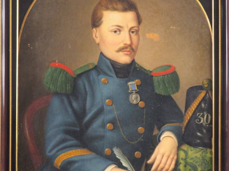 Vente aux enchères J. DUPRE. "Portrait de militaire". Huile sur toile, signée en bas à dr