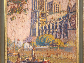 Vente aux enchères Joseph LEPINE. "La Seine le long de Notre Dame".  Huile sur panneau, s