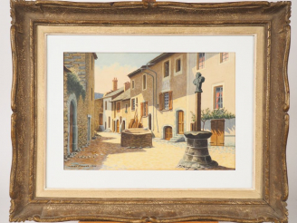 Vente aux enchères Lucien PAULUS. "Place de village ensoleillée". Aquarelle signée en bas