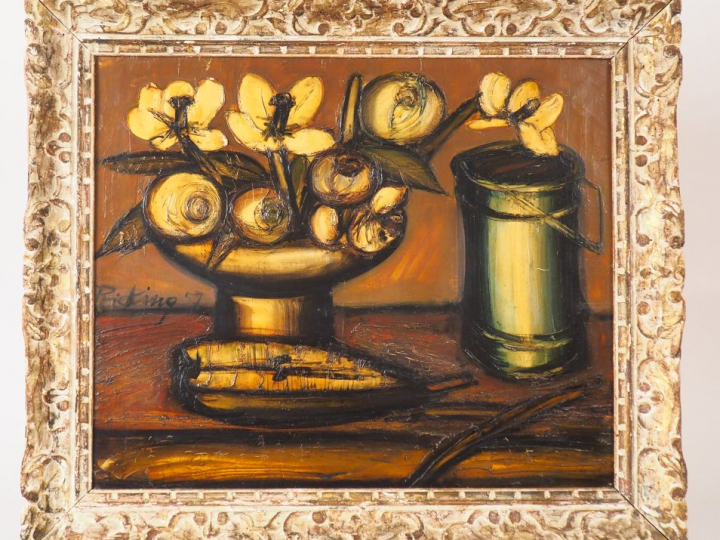 Franz PRIKING. "Bouquet de fleurs" Huile sur toile, signée au milieu à
