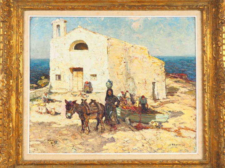 L. BANOMICI. "Retour de pêche". Huile sur toile, signée en bas à droit