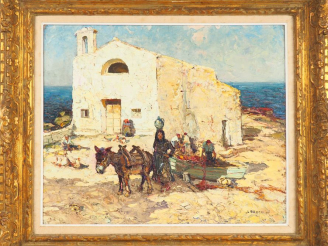 Vente aux enchères L. BANOMICI. "Retour de pêche". Huile sur toile, signée en bas à droit