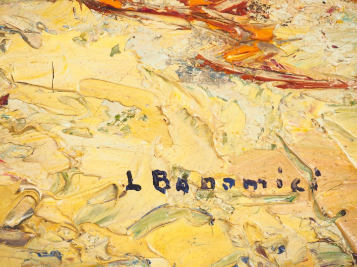 L. BANOMICI. "Retour de pêche". Huile sur toile, signée en bas à droit