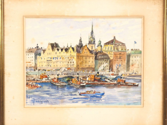 Vente aux enchères FRAPPIER. "Port animé". Aquarelle, signée en bas à gauche et datée 195