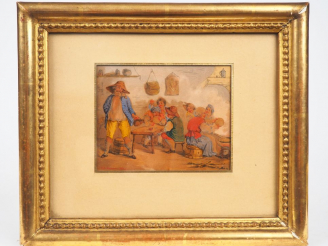 Vente aux enchères J.J. GARNIER. "Scène de taverne". Aquarelle, signée en bas à gauche et