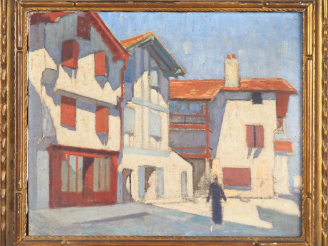Vente aux enchères Raymond VIRAC.  "Place au pays basque". Huile sur toile. Dim. 38 x 46 