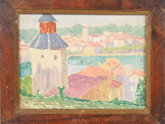 Vente aux enchères Raymond VIRAC.  "La baie de Saint Jean de Luz" Huile sur carton. Dim. 