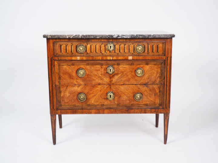 Commode Louis XVI en marqueterie à décor d'ailes de papillons et de ca