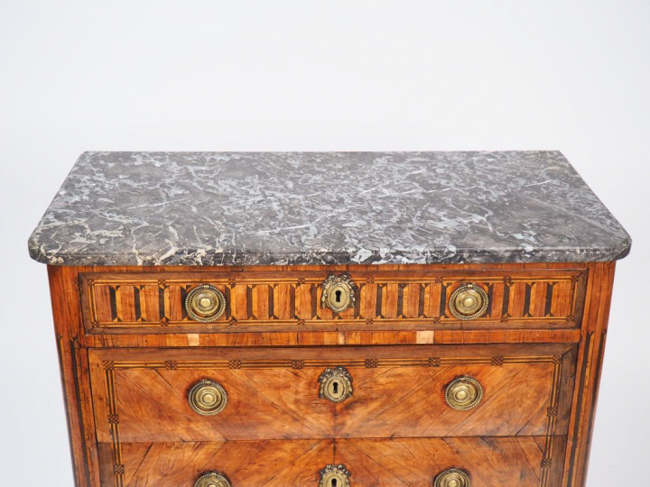 Commode Louis XVI en marqueterie à décor d'ailes de papillons et de ca