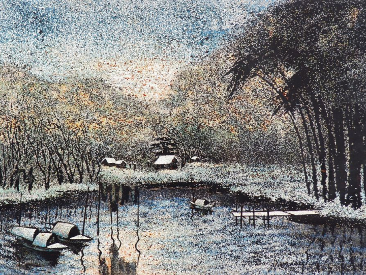 Ecole vietnamienne XXème. Panneau de laque et coquille d'œuf "Cité lac