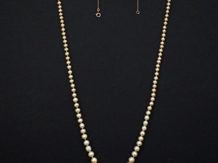 Collier de perles blanches disposées en chute.  Fermoir en or jaune, s