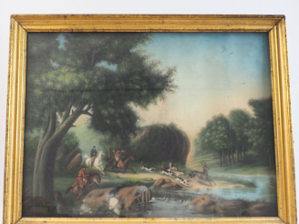 Vente aux enchères Ecole française XIXème. "Scène de chasse à courre". Pastel.  Dim. 67 x