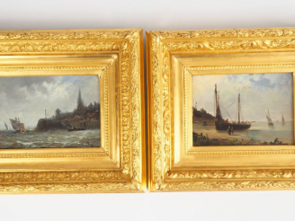 Vente aux enchères Ecole française XIXème. "Marine". Paire d''huiles sur panneau, signées
