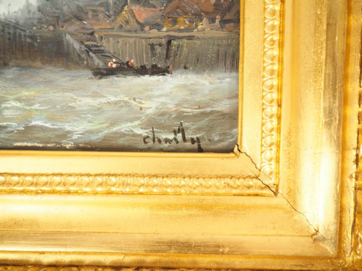 Ecole française XIXème. "Marine". Paire d''huiles sur panneau, signées