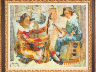 Vente aux enchères ANSELME. "Arlequins musiciens". Huile sur toile, signée en bas à gauch