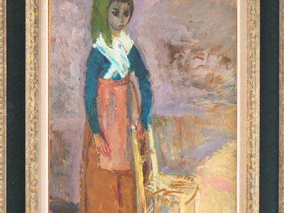 Christian Hugues CAILLARD. "Portrait de jeune femme au fichu". Huile s