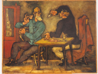 Vente aux enchères Stanislas ELESZKIEVICZ "Les joueurs de cartes". Huile sur isorel, sign