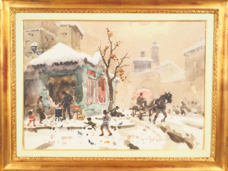 Vente aux enchères Giulio FALZONI. "Place de Milan en hiver". Aquarelle, signée en bas à 