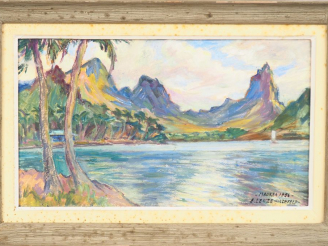 Vente aux enchères Emmy LEUZE-HIRSCHFELD. "Vue de Moorea". Huile sur isorel, signée et da