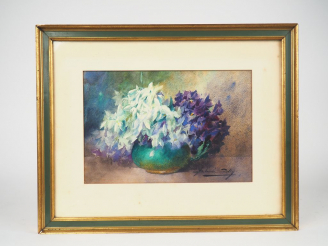 Vente aux enchères Blanche ODIN. "Bouquet de violettes". Aquarelle signée en bas à droite
