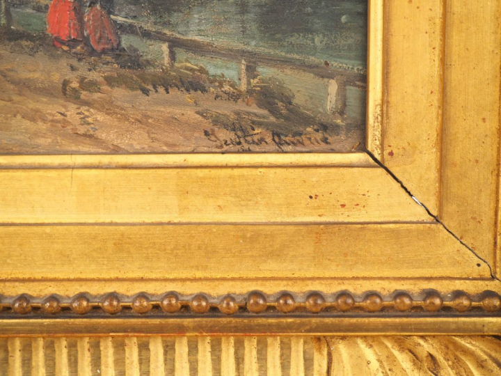 Justin OUVRIE "Vue de ville animée". Huile sur panneau, signée en bas 