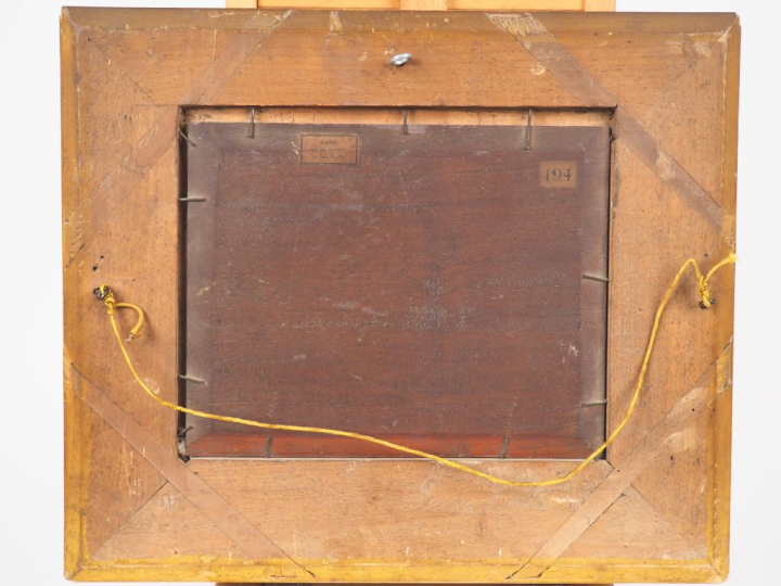 Justin OUVRIE "Vue de ville animée". Huile sur panneau, signée en bas 