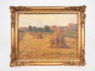 Vente aux enchères Aimé PERRET. "Les meules de foin". Huile sur panneau, signée en bas à 