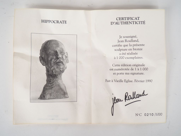Jean ROULLAND. "Hippocrate". Sculpture en bronze à patine médaille. Si